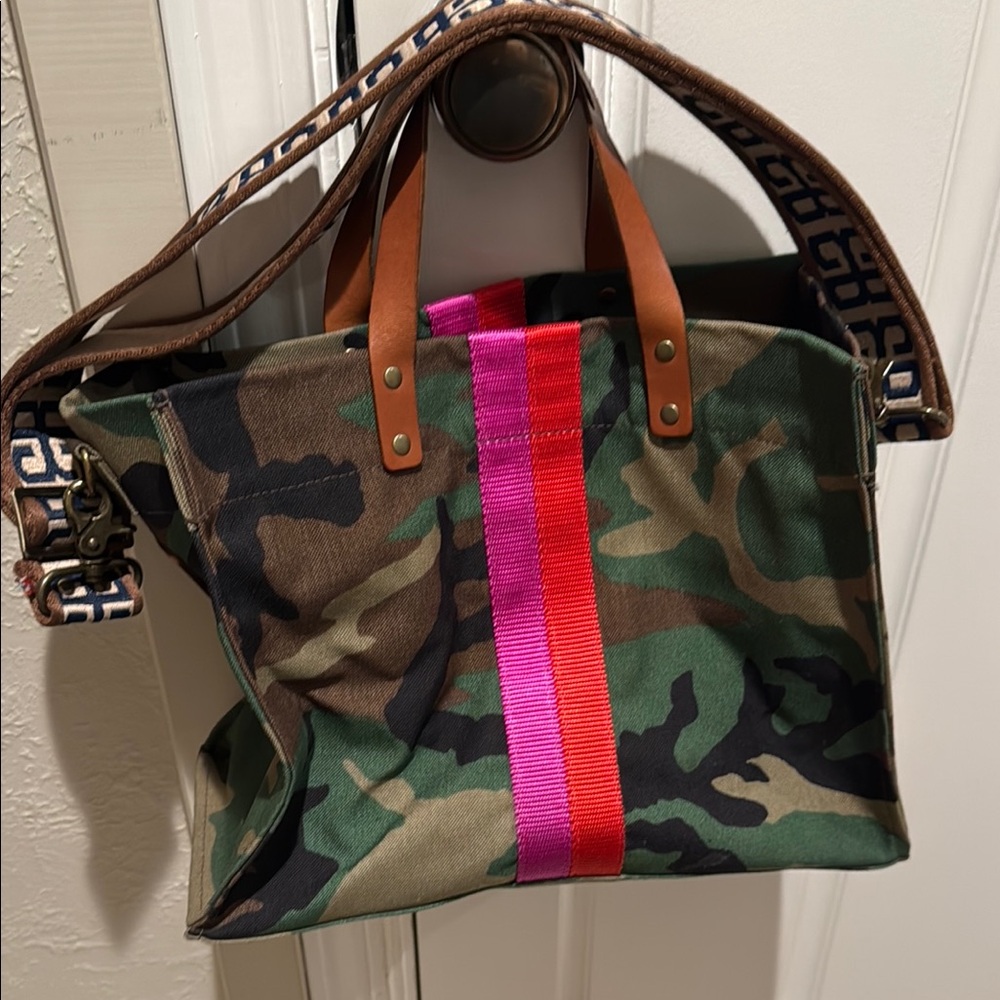 Camouflage Tote with Pink and Red Stripe